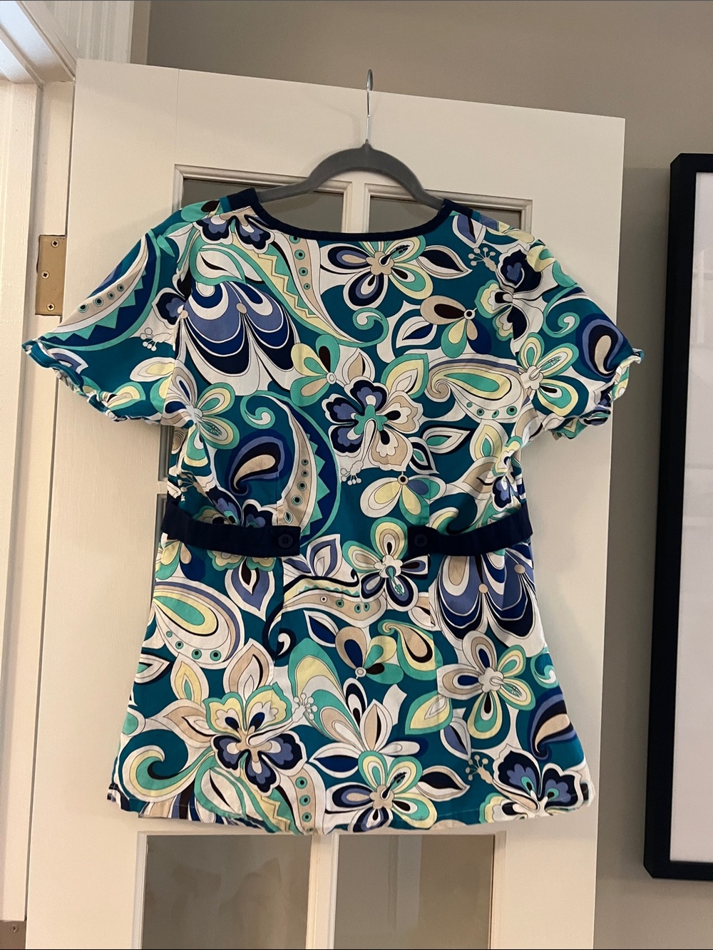 Teal & Navy Floral Print Short Sleeve Scrub Too